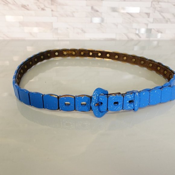 VINTAGE Western Studded Metal Belt 28 SMALL Blue Heavy Medieval Retro ECHT LEDER - Picture 1 of 10